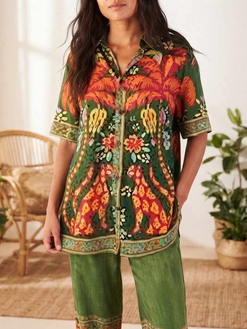 FARM RIO Green Tropical Scarf Short Sleeve Shirt